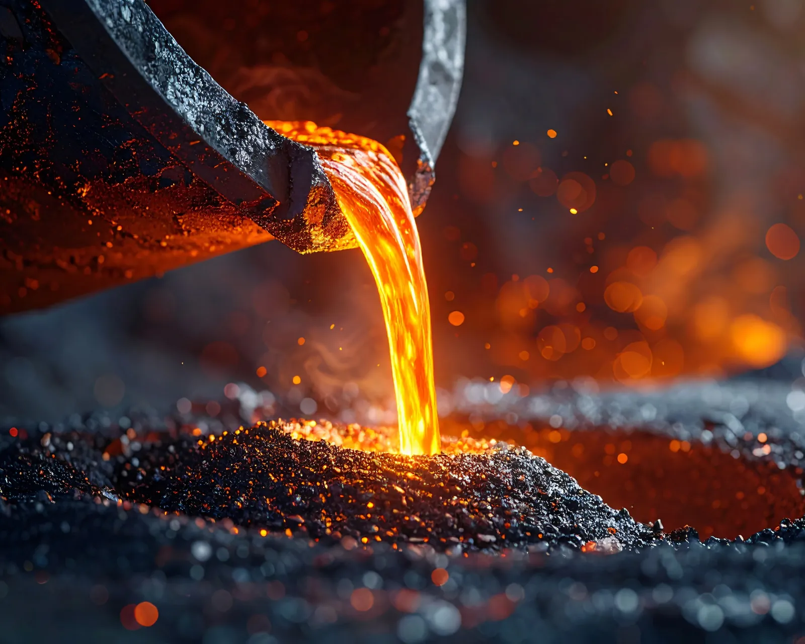 Molten iron pouring from a ladle into a sand mould, with sparks
